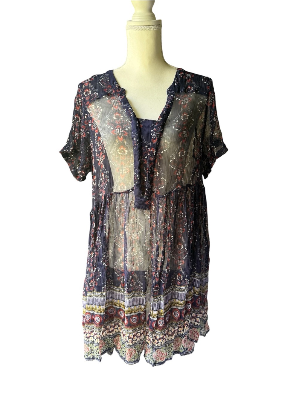 Anthropologie Maeve Navy Floral Midi Tunic Dress with Multicolor Border